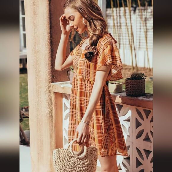 Square Neck Gingham A-Shape Dress NWT - Picture 3 of 3